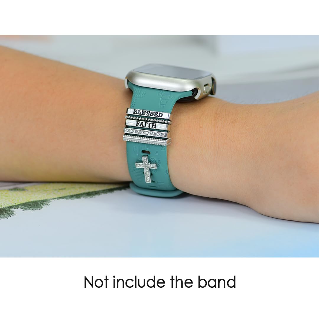 ESWEUOOM Women Blessed and Faith Cross Watch Band Charms for Apple Watch 38mm 40mm 41mm 42mm 44mm 45mm 49mm , Men Silver Metal Slide Decorative Rings Loops For iWatch series 8 7 6 5 4 3 2 se,For Samsung Galaxy watch 5/4,Christian Smart Watchband Charms St