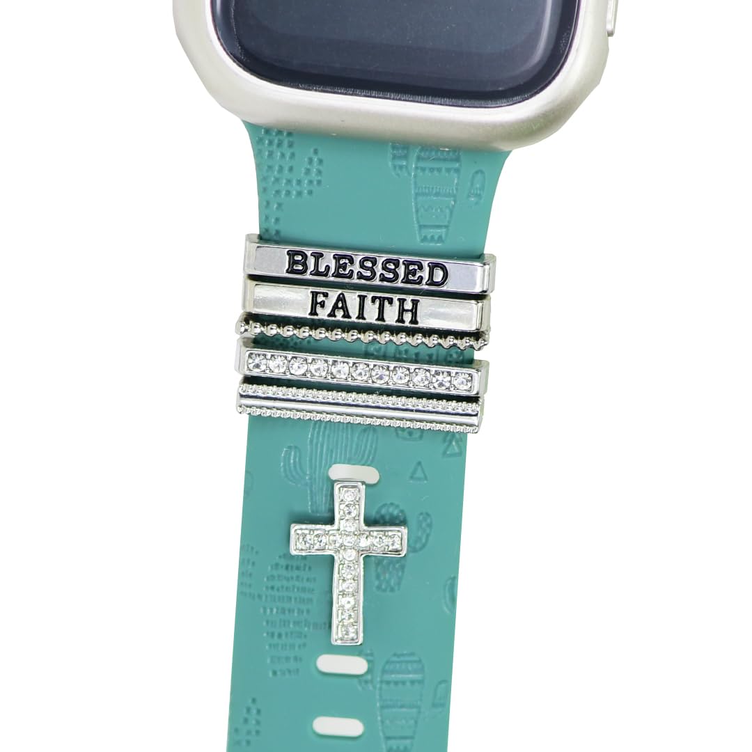 ESWEUOOM Women Blessed and Faith Cross Watch Band Charms for Apple Watch 38mm 40mm 41mm 42mm 44mm 45mm 49mm , Men Silver Metal Slide Decorative Rings Loops For iWatch series 8 7 6 5 4 3 2 se,For Samsung Galaxy watch 5/4,Christian Smart Watchband Charms St