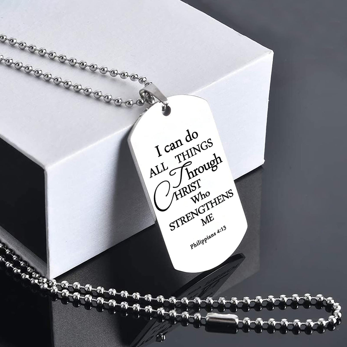 ST-Power Baptism Gift Stainless Steel Dog Tag Bible Verse Pendant Necklace Christian Religious Jewelry Gift,24" Chains.