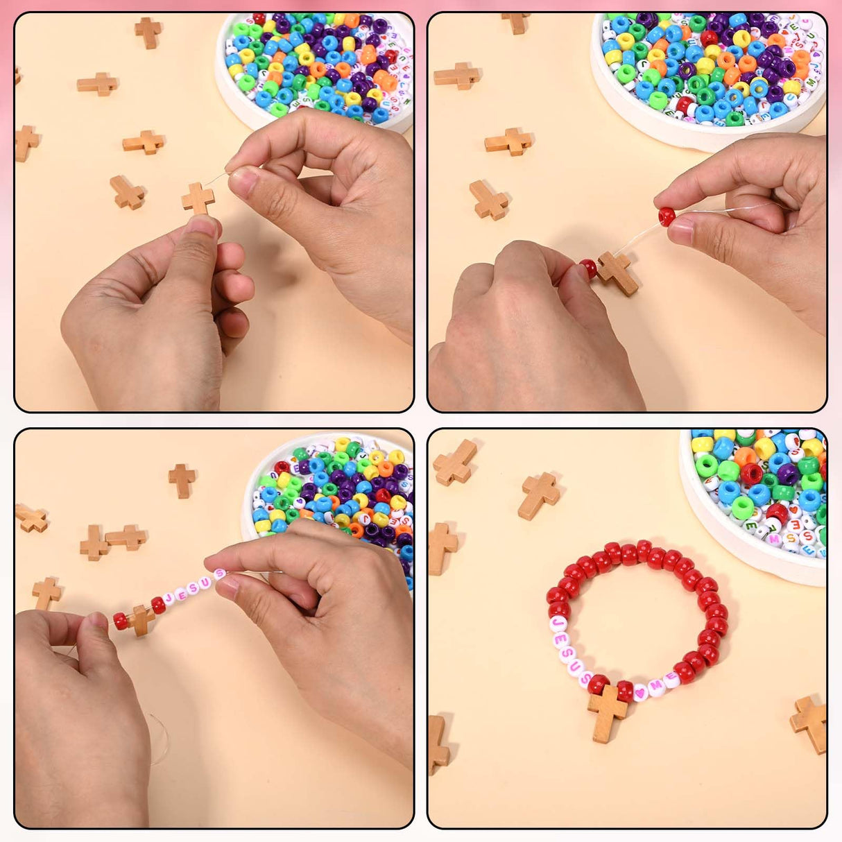 Sanixin 32 Set Jesus Love Me Faith DIY Bead Craft Kit Making Religious Bracelet Beads for VBS Week Sunday School Bible Verse Gifts Wooden Cross Bracelet Craft Kit