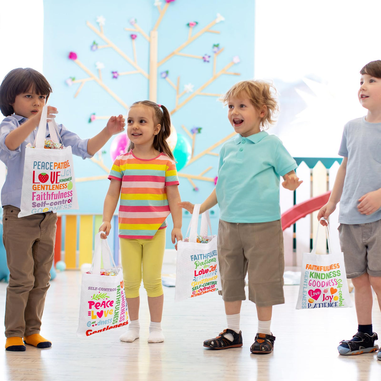 SilTriangle 36 Pcs Fruit of the Spirit Tote Bags for Kids Religious Bible Verse Tote Christian Gift Bags with Handles Party Favor for Easter Gifts Sunday School Church Party Supplies