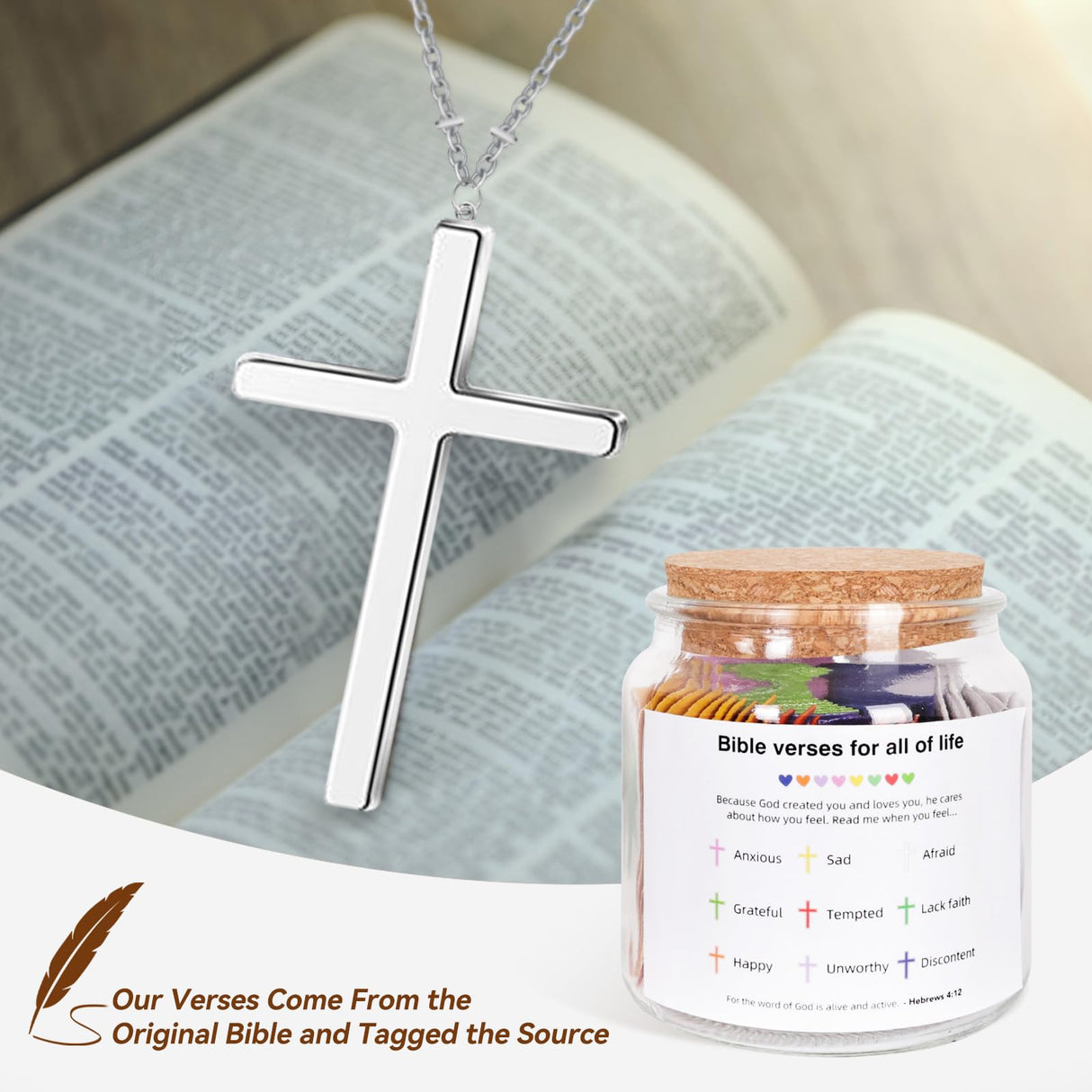 Large Size Bible Verse Jar, Christian Gifts for Women, Prayer Jar with 108Pcs Bible Verses and Silver Cross Necklace, Birthday Gifts for Women, Christian Easter Basket Stuffers