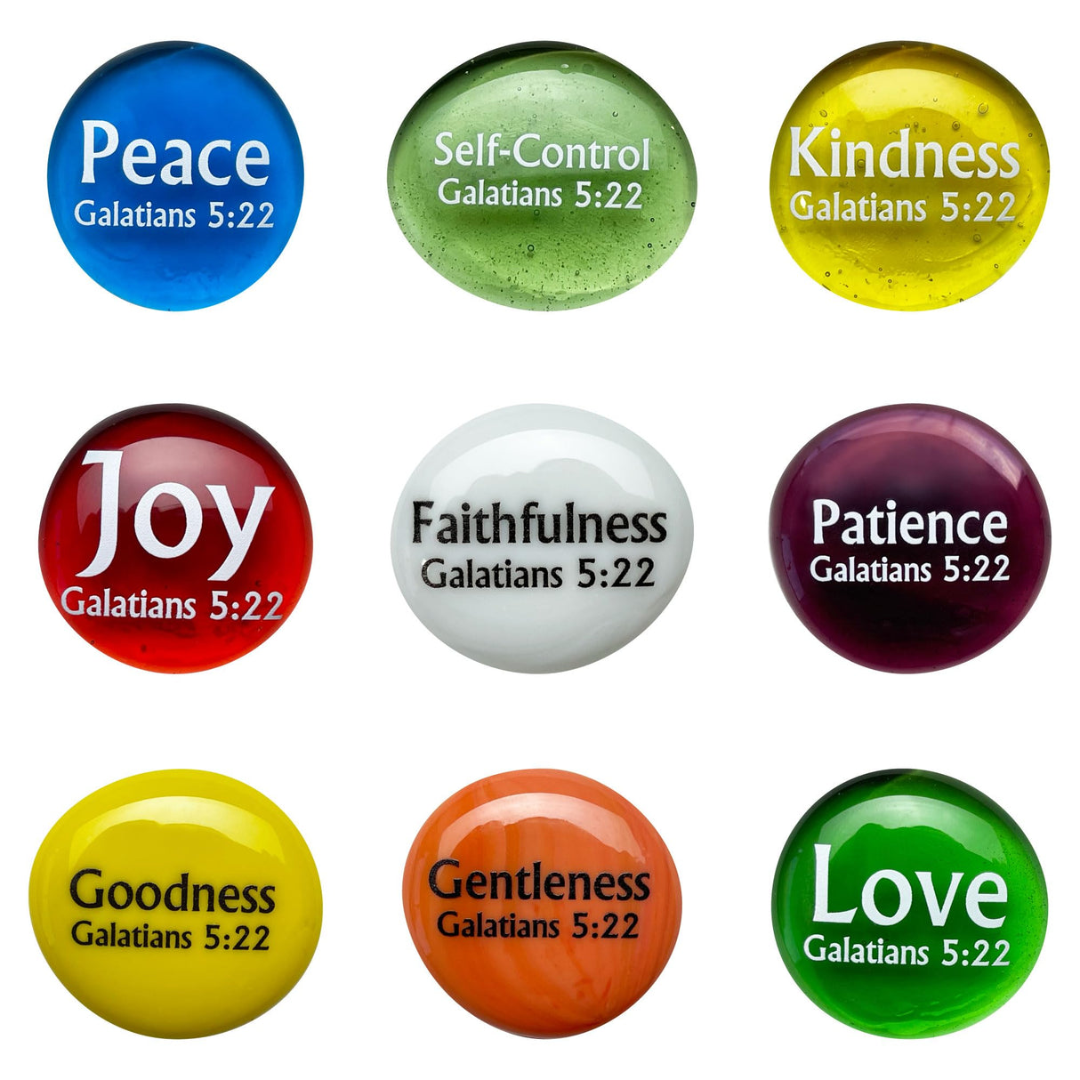 Fruit of the Spirit Glass Stones, 9 Beautiful Rocks, Each With a Word From the Galatians 5:22 Verse. Inspiring Christian Education Tool From Lifeforce Glass.