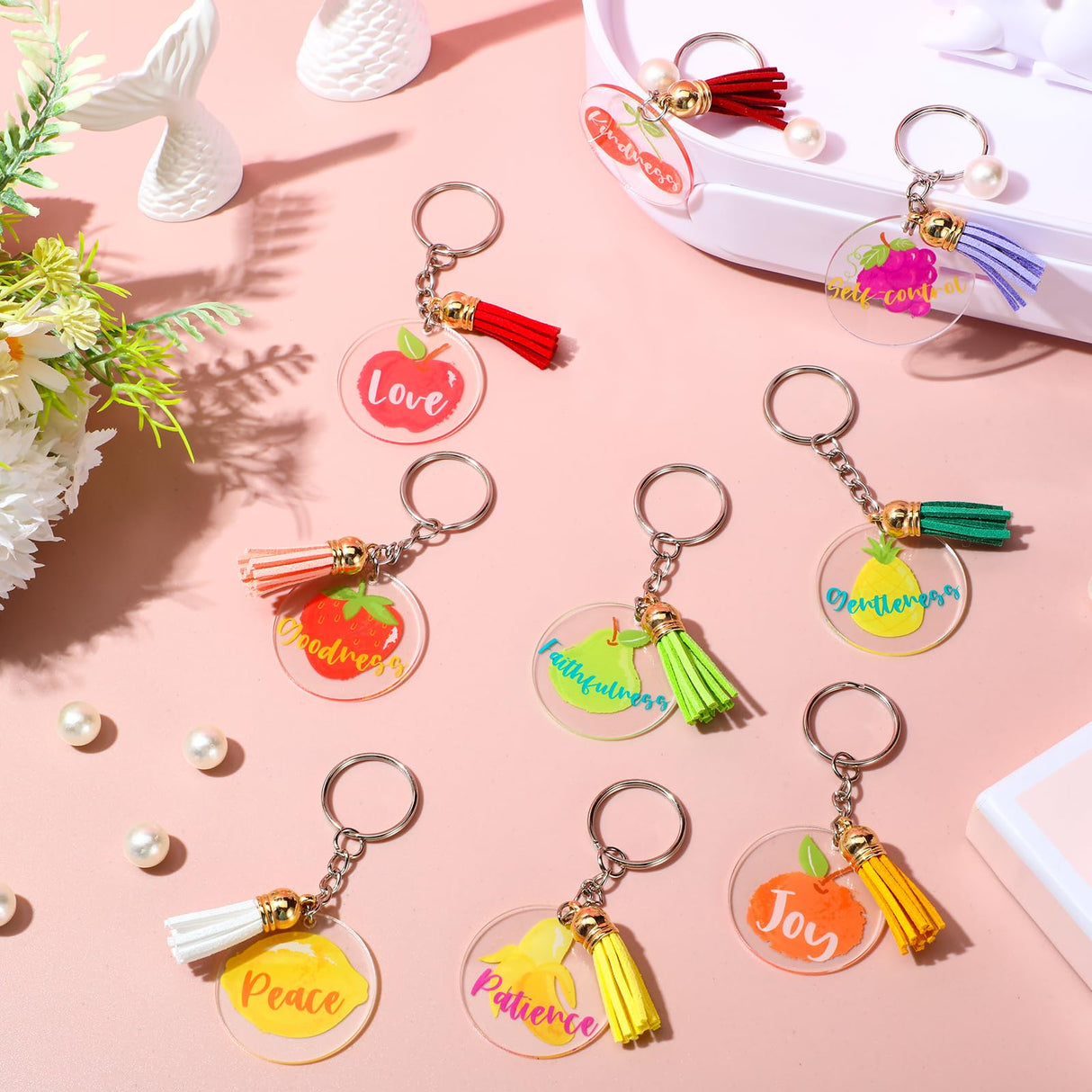 Fumete 45 Pcs Employee Appreciation Gift Keychains Acrylic Fruits of the Spirit Pun Key Rings Thank You Bible Keychain(Bible)