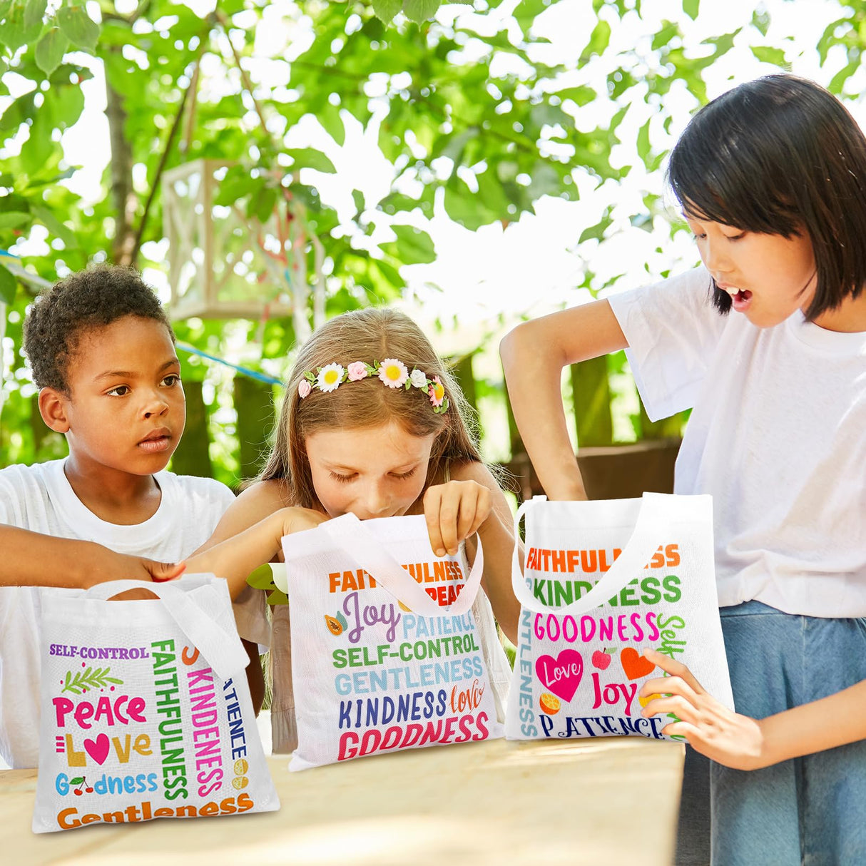 SilTriangle 36 Pcs Fruit of the Spirit Tote Bags for Kids Religious Bible Verse Tote Christian Gift Bags with Handles Party Favor for Easter Gifts Sunday School Church Party Supplies