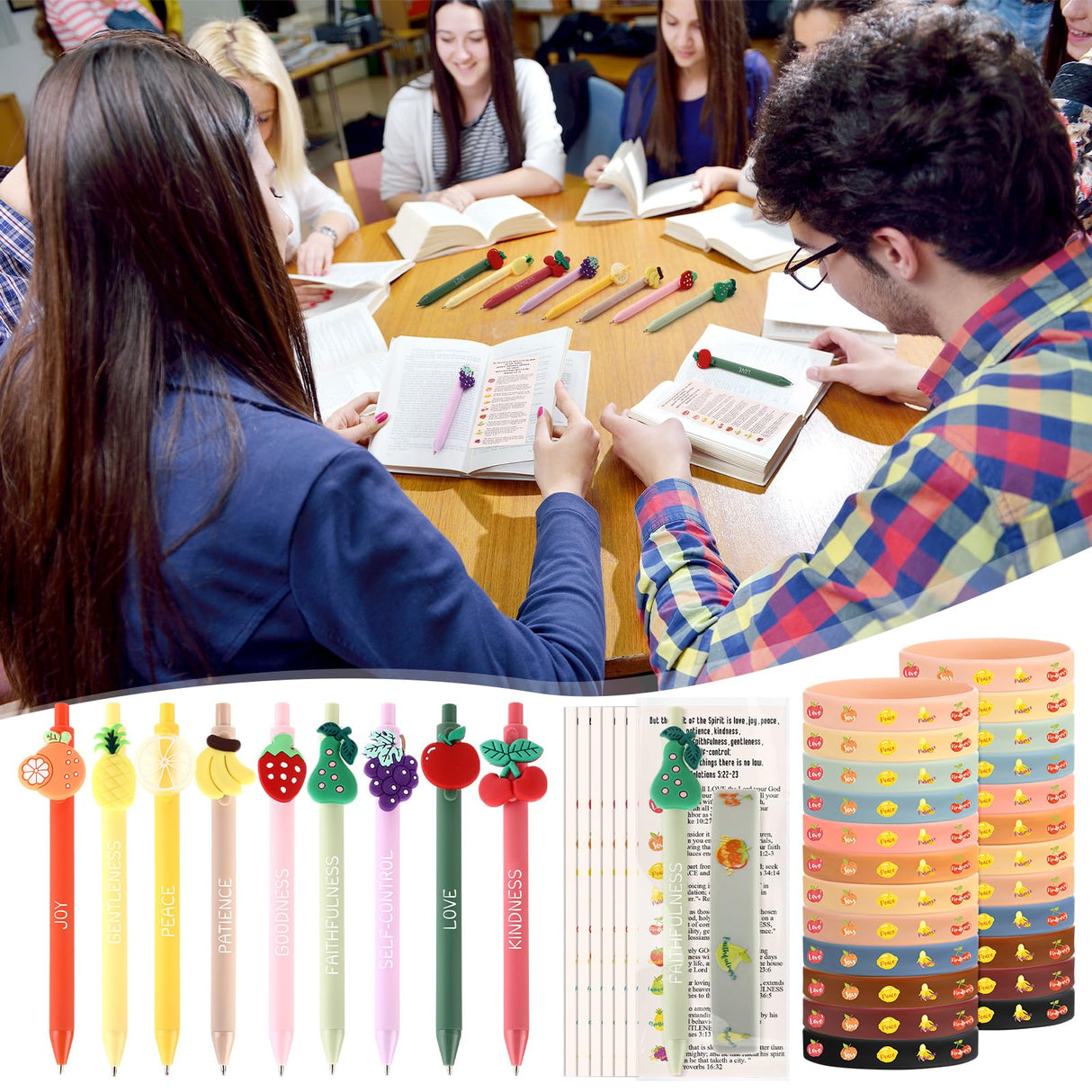 Sayglossy 108 Pcs Fruit of the Spirit Gifts Bulk 36 Christian Ballpoint Pens 36 Fruit Silicone Bracelet and 36 Inspirational Cards, Mother's Day Holy Week Gift for Church Sunday School Students