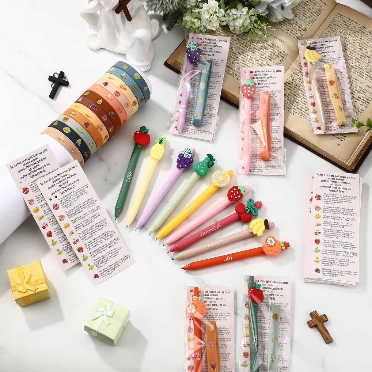Sayglossy 108 Pcs Fruit of the Spirit Gifts Bulk 36 Christian Ballpoint Pens 36 Fruit Silicone Bracelet and 36 Inspirational Cards, Mother's Day Holy Week Gift for Church Sunday School Students