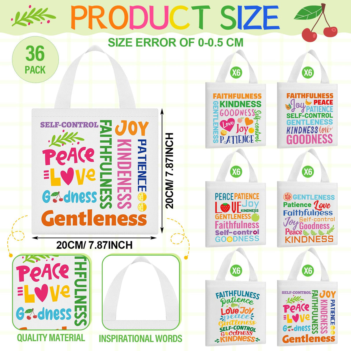SilTriangle 36 Pcs Fruit of the Spirit Tote Bags for Kids Religious Bible Verse Tote Christian Gift Bags with Handles Party Favor for Easter Gifts Sunday School Church Party Supplies