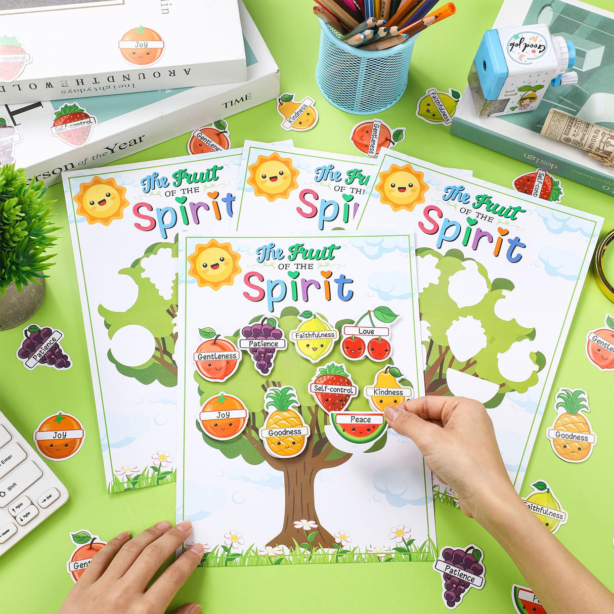 Motipuns 24 Sets Fruit of The Spirit Game Craft for Kids 24 Bible Verse Tree Cards 24 Fruit Cutouts with 220 Adhesive dots for Religious Homeschool Game Sunday School Educational Activity