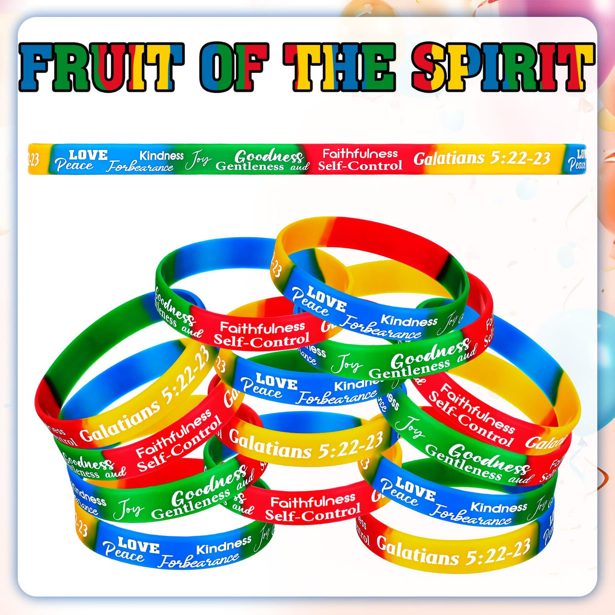 Huquary 48 Pcs Fruit of the Spirit Bracelet Inspirational Scripture Christian Silicone Bracelets Bulk Religious Motivational Love Joy Peace Patience Wristband Gift Fruit of the Spirit Decor(Rainbow)