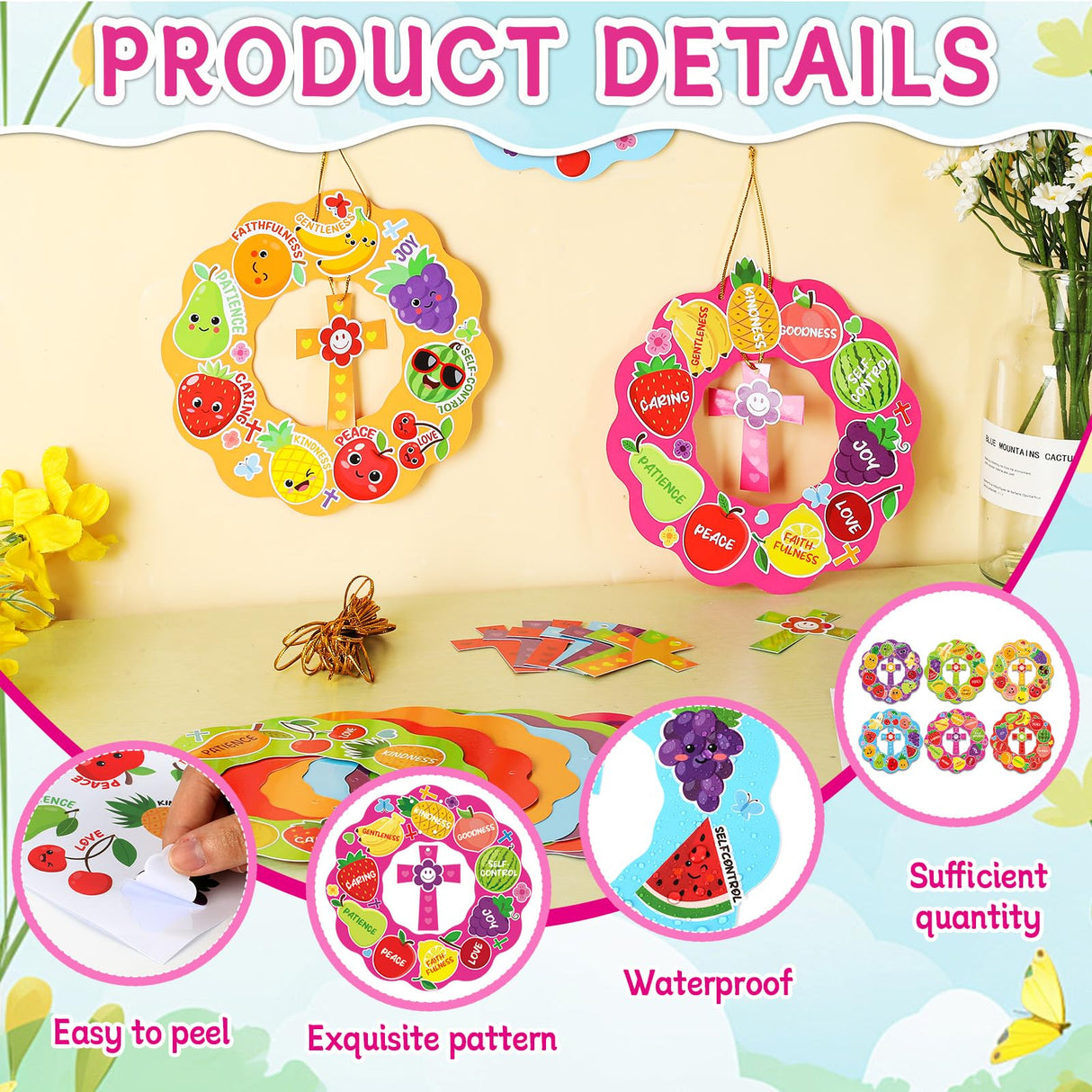 30 Set Fruit of The Spirit Wreath Craft Kit for Kids Sunday School Christian DIY Crafts Make Your Own Religious Fruits Stickers Hanging Ornament for Classroom Arts Activities Home Decor Supplies
