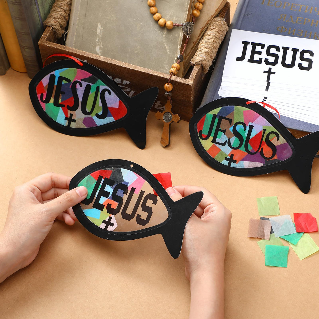 Sinload 24 Sets Faith Fish Craft Kit DIY Christian Jesus Fish Craft Religious Cross Tissue Paper Hanging Ornament for Home Church Bible Sunday School Activities