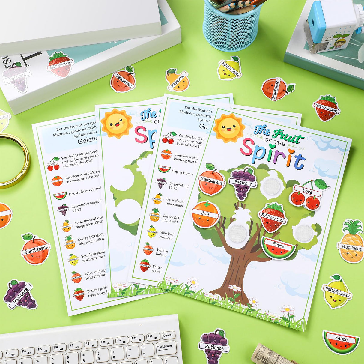 Motipuns 24 Sets Fruit of The Spirit Game Craft for Kids 24 Bible Verse Tree Cards 24 Fruit Cutouts with 220 Adhesive dots for Religious Homeschool Game Sunday School Educational Activity