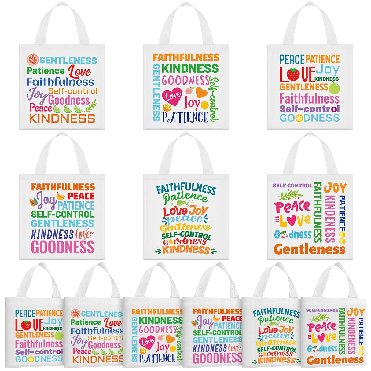 SilTriangle 36 Pcs Fruit of the Spirit Tote Bags for Kids Religious Bible Verse Tote Christian Gift Bags with Handles Party Favor for Easter Gifts Sunday School Church Party Supplies