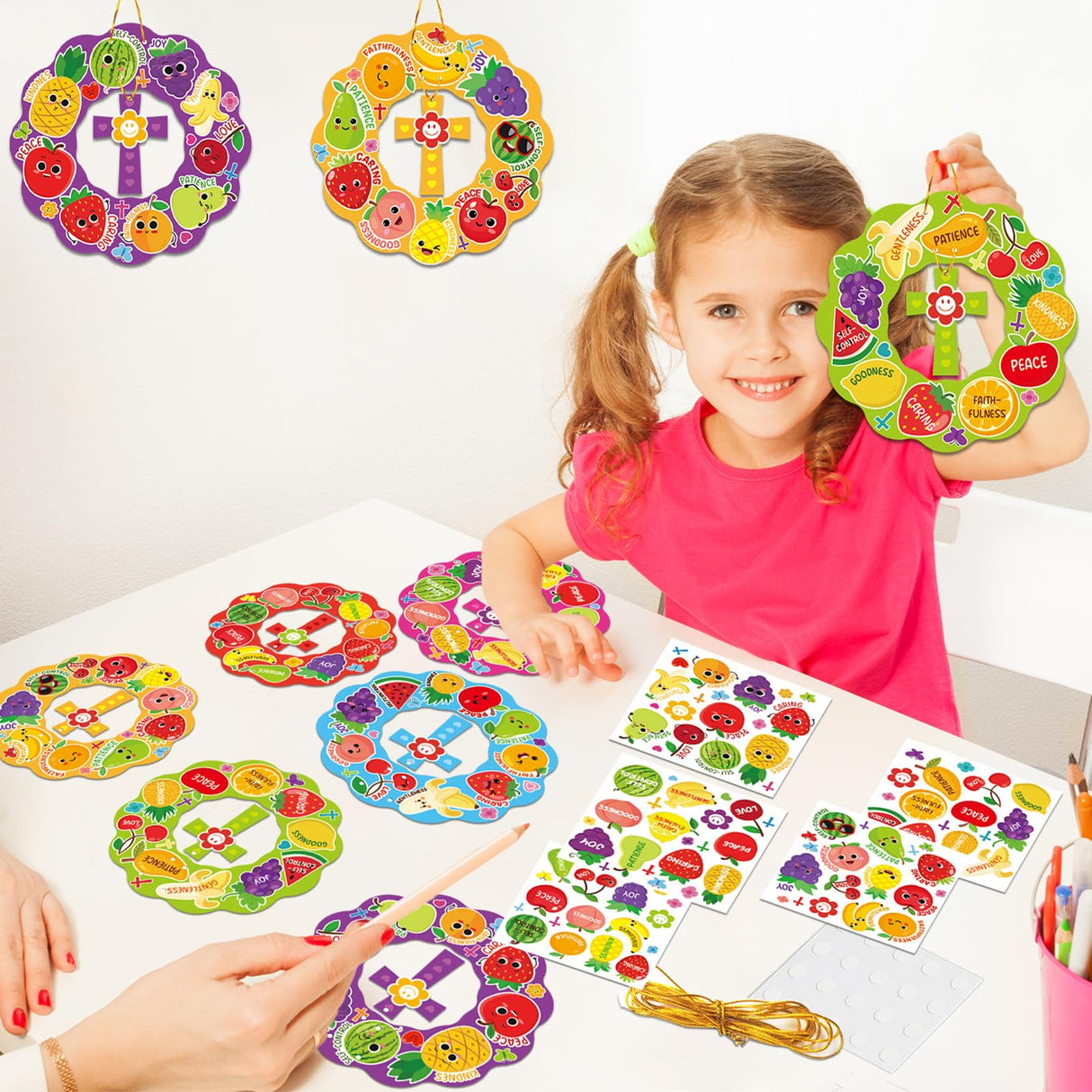 30 Set Fruit of The Spirit Wreath Craft Kit for Kids Sunday School Christian DIY Crafts Make Your Own Religious Fruits Stickers Hanging Ornament for Classroom Arts Activities Home Decor Supplies
