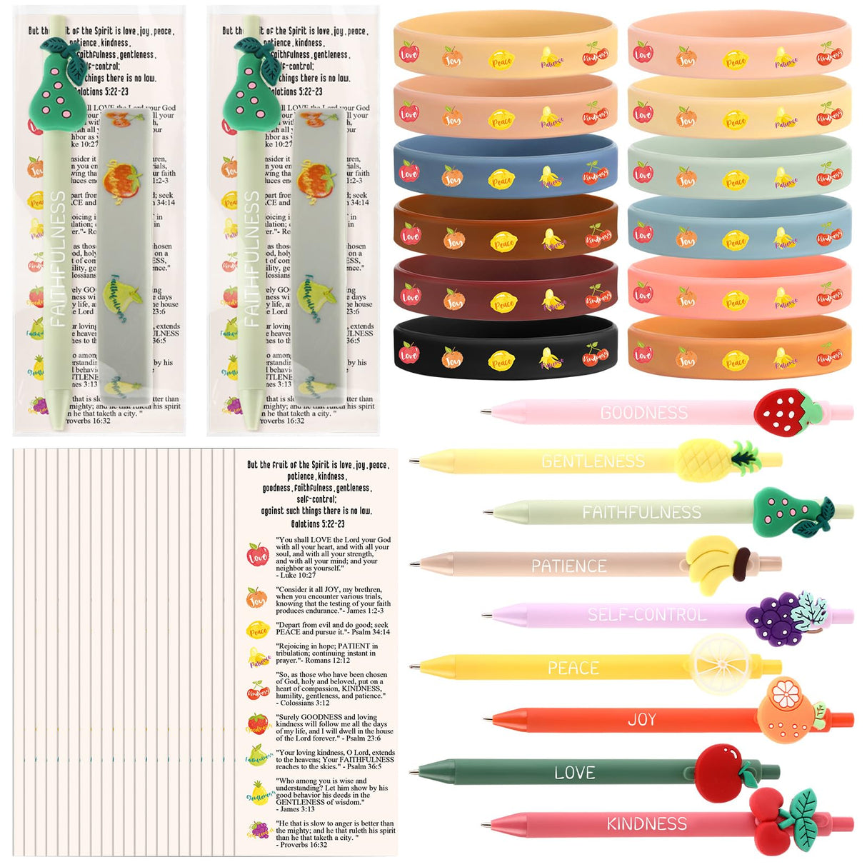Sayglossy 108 Pcs Fruit of the Spirit Gifts Bulk 36 Christian Ballpoint Pens 36 Fruit Silicone Bracelet and 36 Inspirational Cards, Mother's Day Holy Week Gift for Church Sunday School Students