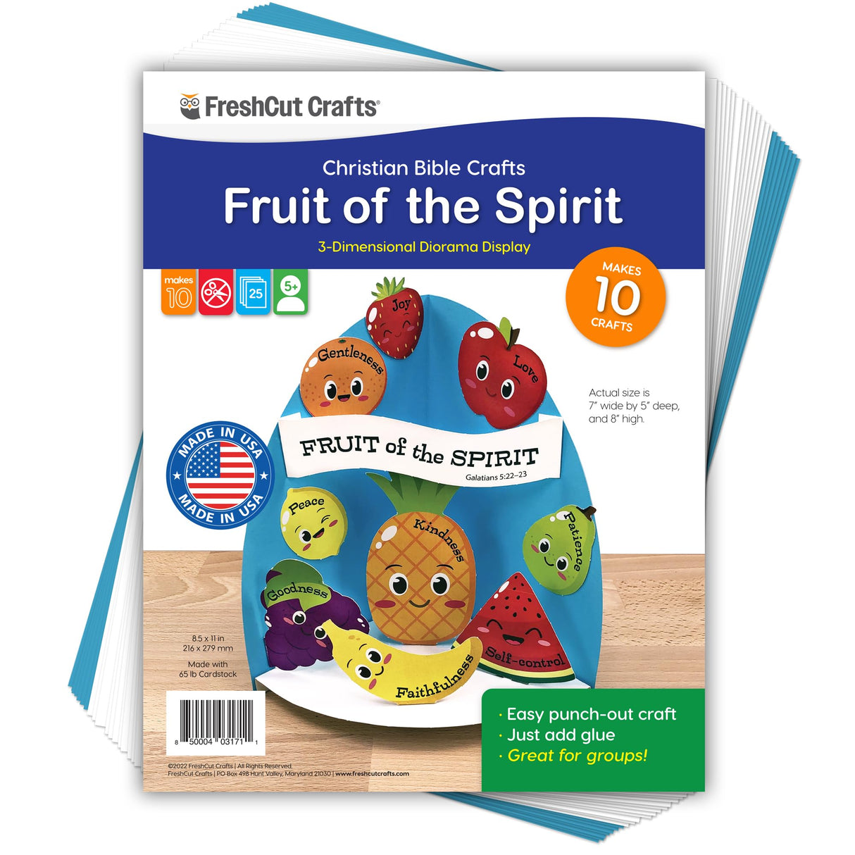 FreshCut Crafts Fruit of The Spirit Bible Craft Kit -10-Pack Easy 3-D Punch-Out Religious Crafts for Kids 5 & Up, Sunday School, Homeschool, Classroom Inspirational Art, US-Made Card Stock, NOT Foam