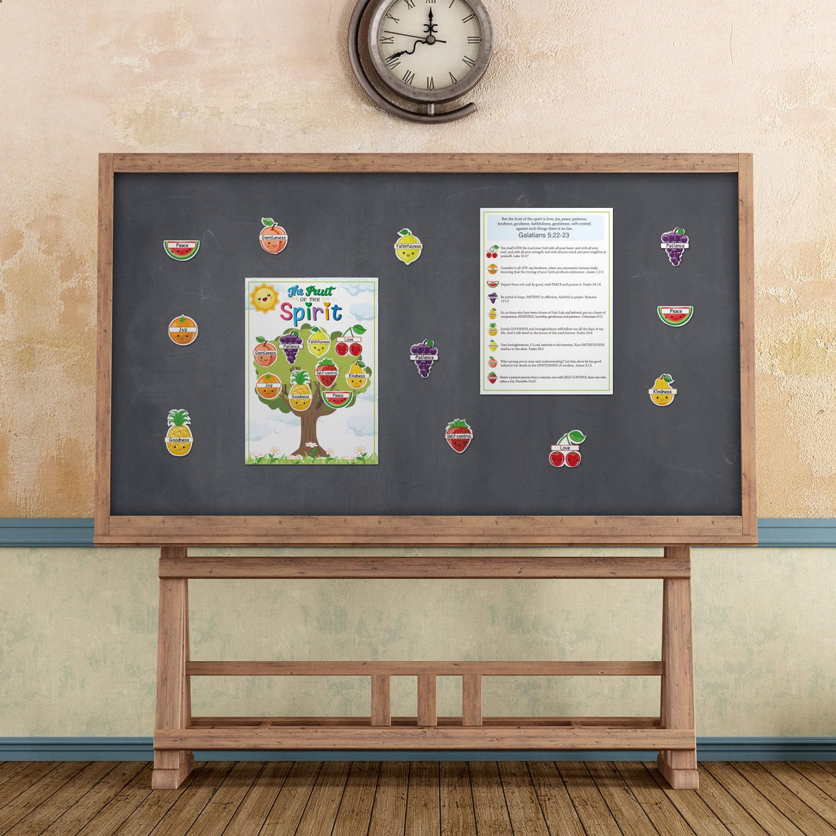 Motipuns 24 Sets Fruit of The Spirit Game Craft for Kids 24 Bible Verse Tree Cards 24 Fruit Cutouts with 220 Adhesive dots for Religious Homeschool Game Sunday School Educational Activity