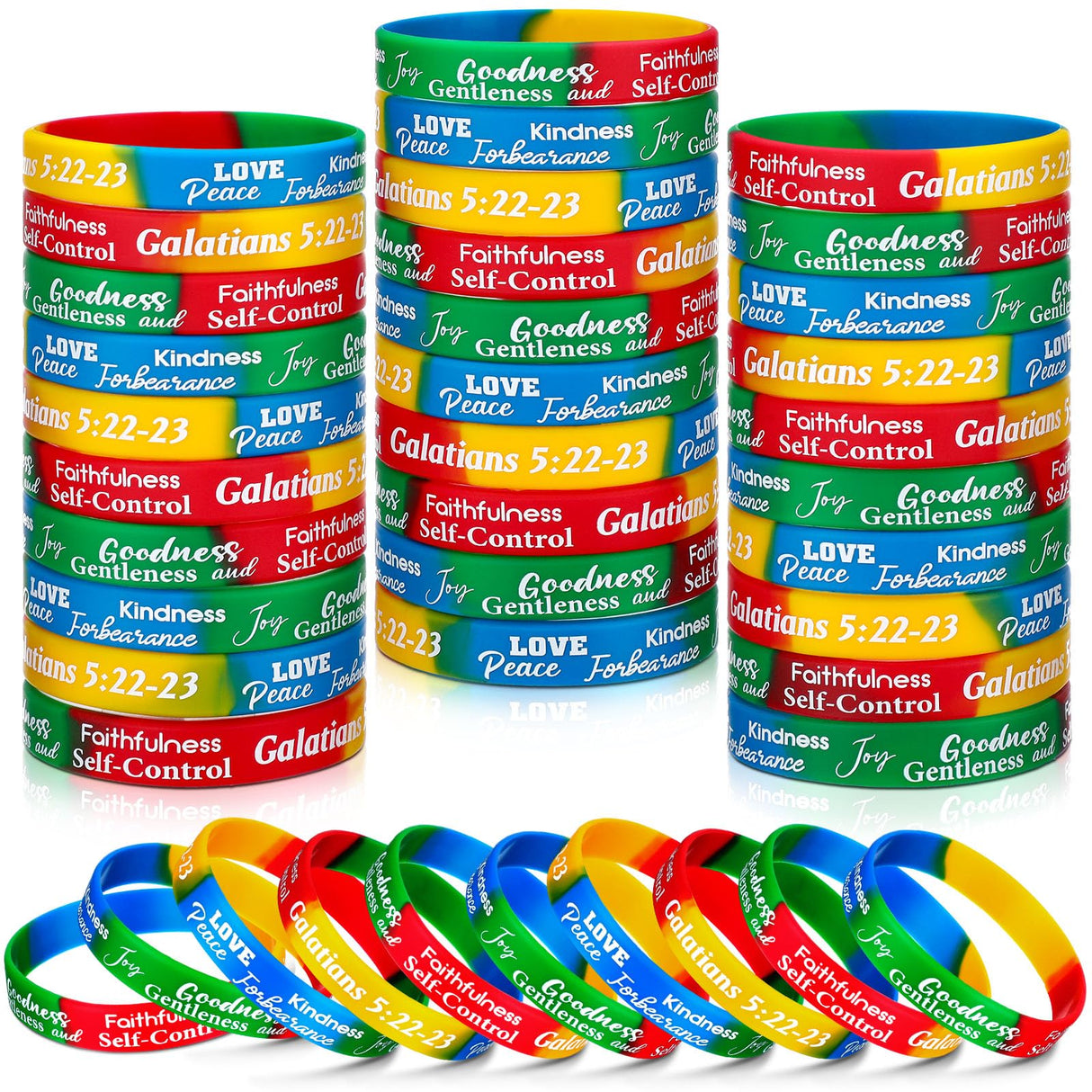 Huquary 48 Pcs Fruit of the Spirit Bracelet Inspirational Scripture Christian Silicone Bracelets Bulk Religious Motivational Love Joy Peace Patience Wristband Gift Fruit of the Spirit Decor(Rainbow)