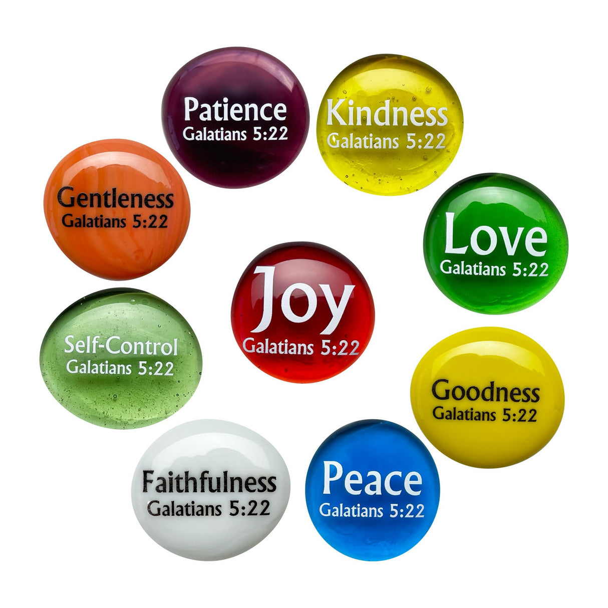 Lifeforce Glass Fruit of The Spirit Glass Stones, 9 Beautiful Rocks, Each with a Word from The Galatians 5:22 Verse. Inspiring Christian Education Tool from