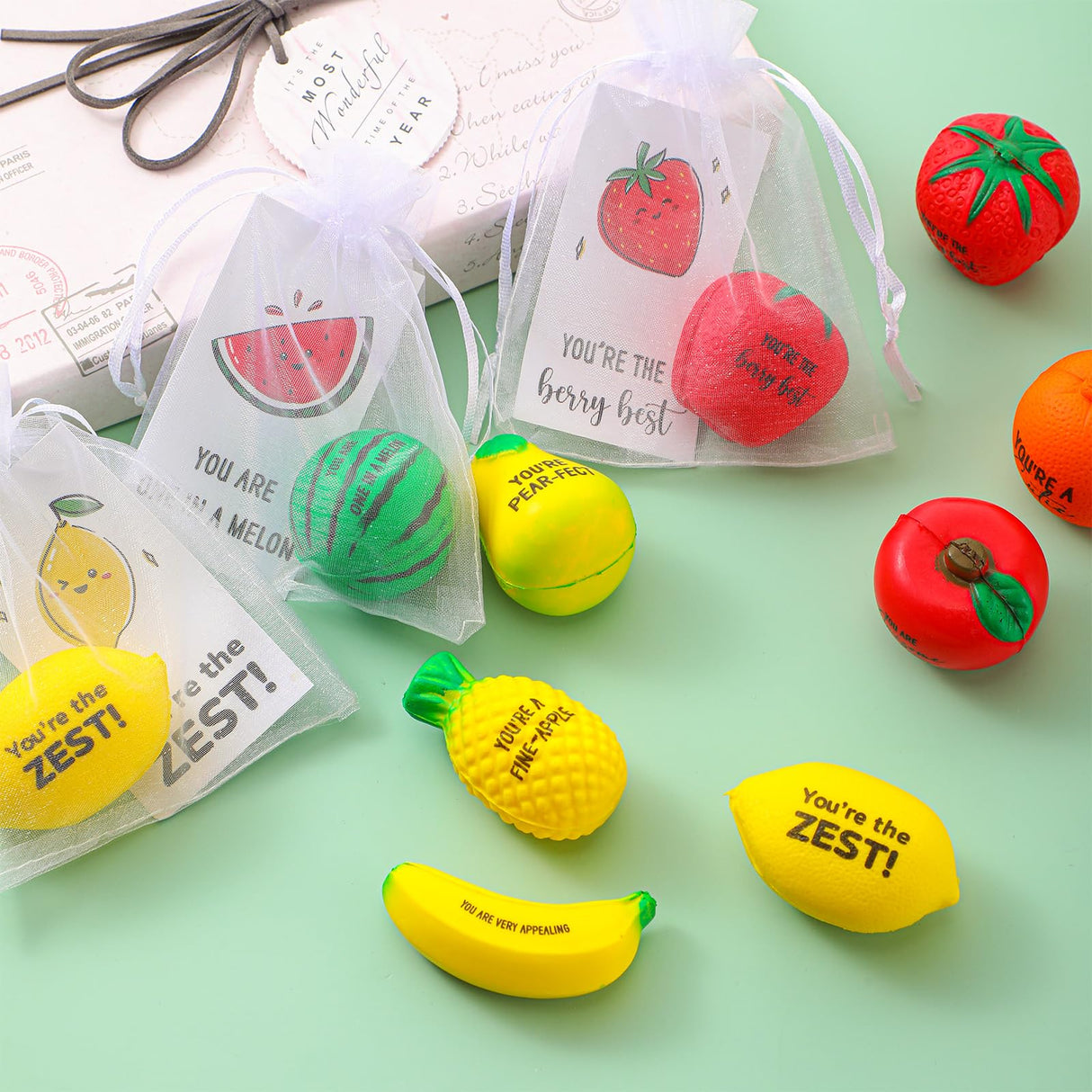 Outus 24 Sets Fruit Stress Balls with Motivational Quotes Cards Fruit Stress Balls Toys with Inspirational Fruits Cards, Stress Anxiety Relief Toy Organza Bags for Employee Teacher Gifts