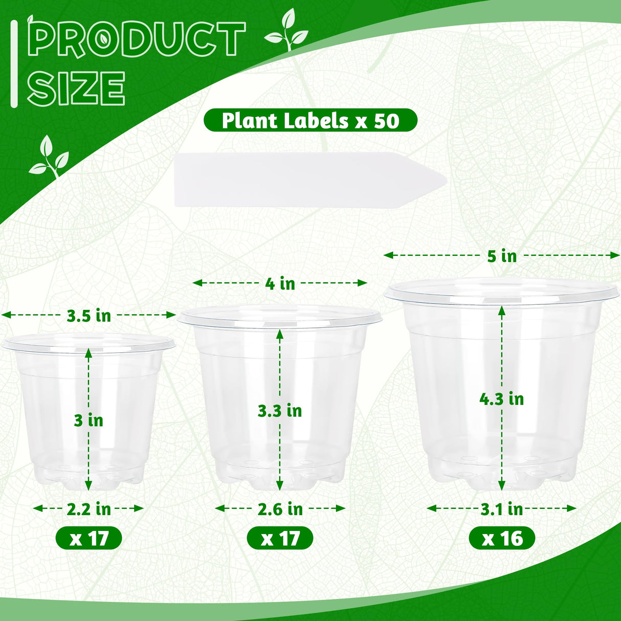 Helimoto 50 Pack 3.5/4/5 Inch Plant Pots, Clear Nursery Pots, Plastic Seedling Pots with Drainage Holes Transparent Seed Starter Planter Pots with 50 Plant Labels for Flower Vegetable Plants