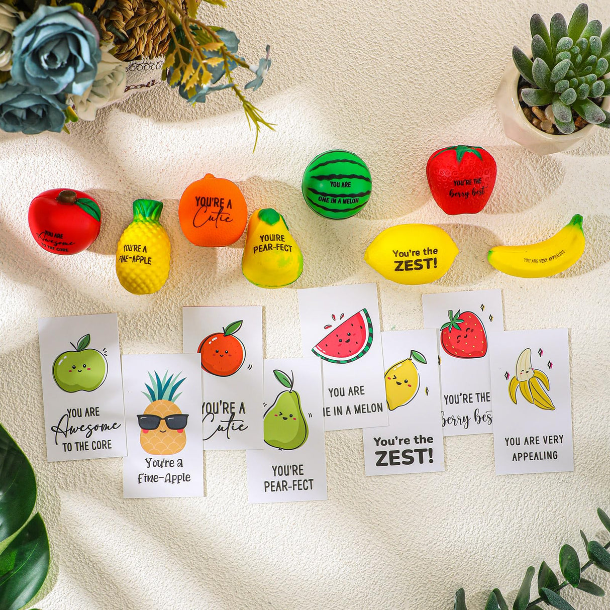 Outus 24 Sets Fruit Stress Balls with Motivational Quotes Cards Fruit Stress Balls Toys with Inspirational Fruits Cards, Stress Anxiety Relief Toy Organza Bags for Employee Teacher Gifts