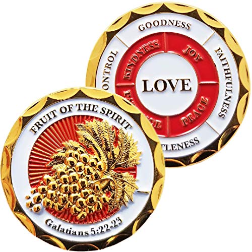Fruit of The Spirit, Memory Verse Tokens for Bible Studies & Sunday School, Love Joy Peace, Gold-Color Plated Scripture Challenge Coin, Galatians 5:22-23 Gift