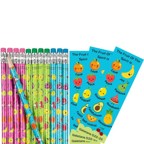 24 Sets of Fruit of The Spirit Bookmarks for Kids with Fruit of The Spirit Pencils - Vacation Bible School - Church Award Prizes - Galatians 5:22-23 - Christian Bookmarks for Children